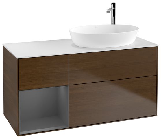 V&B Waschtisch-Unterschrank Wandbeleuchtung Finion 120cm, Abdeckplatte white matt, Regal Anthracite matt lacquer, Walnut veneer