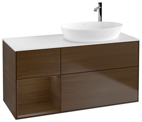 V&B Waschtisch-Unterschrank Wandbeleuchtung Finion 120cm, Abdeckplatte white matt, Regal Walnut Veneer, Walnut veneer