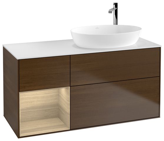 V&B Waschtisch-Unterschrank Wandbeleuchtung Finion 120cm, Abdeckplatte white matt, Regal Oak Veneer, Walnut veneer
