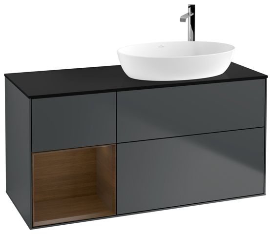 V&B Waschtisch-Unterschrank Finion 120cm, Abdeckplatte black matt, Regal Walnut Veneer, Midnight Blue Matt Lacquer