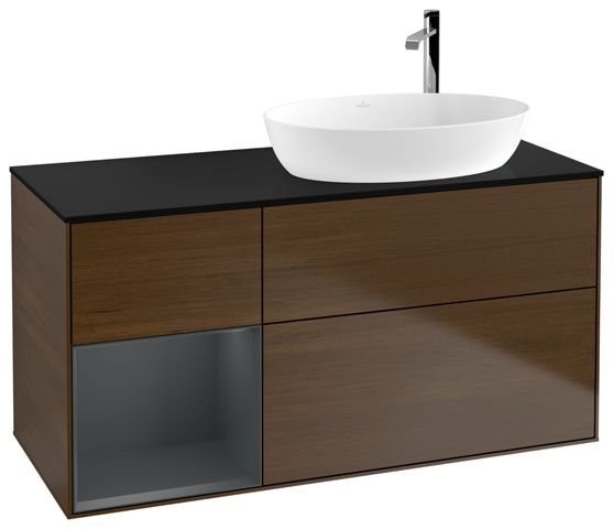 V&B Waschtisch-Unterschrank Finion 120cm, Abdeckplatte black matt, Regal Midnight matt lacquer, Walnut veneer