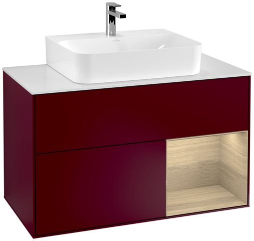 V&B Waschtisch-Unterschrank Wandbeleuchtung Finion 100cm, Abdeckplatte white matt, Regal rechts Oak Veneer, Peony Matt