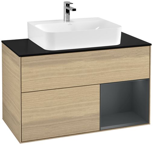 V&B Waschtisch-Unterschrank Wandbeleuchtung Finion 100cm, Abdeckplatte black matt, Regal rechts Midnight Blue Matt Lacquer, Oak Veneer