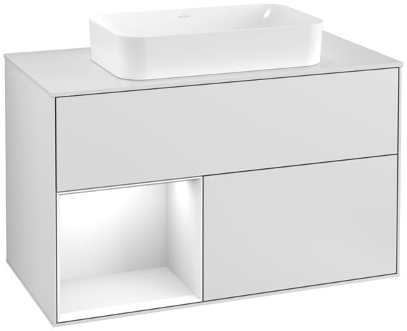 V&B Waschtisch-Unterschrank Wandbeleuchtung Finion 100cm, Abdeckplatte white matt, Regal links Glossy white lacquer, White matt lacquer