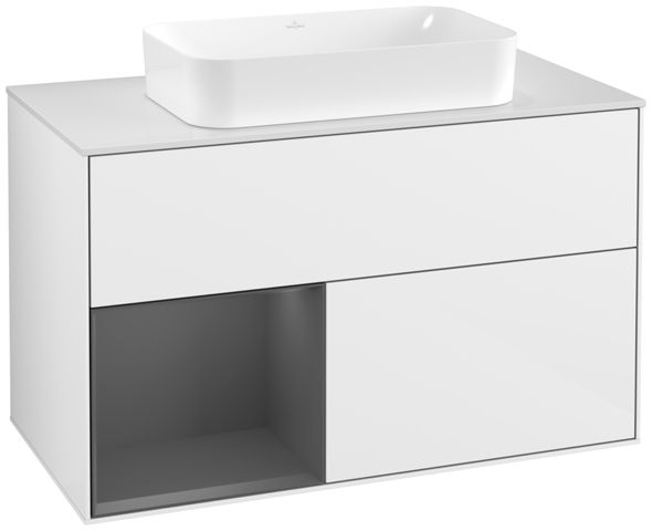 V&B Waschtisch-Unterschrank Wandbeleuchtung Finion 100cm, Abdeckplatte white matt, Regal links Anthracite matt, Glossy white lacquer