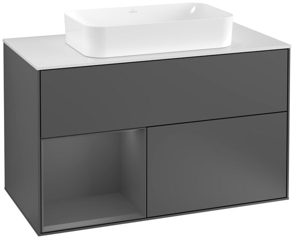 V&B Waschtisch-Unterschrank Wandbeleuchtung Finion 100cm, Abdeckplatte white matt, Regal links Anthracite matt, Anthracite matt