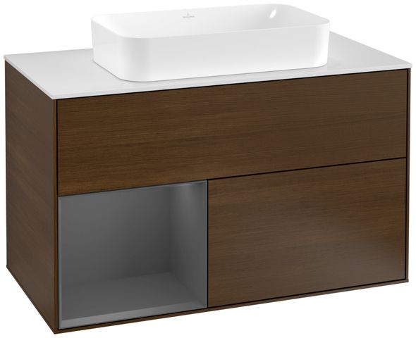 V&B Waschtisch-Unterschrank Wandbeleuchtung Finion 100cm, Abdeckplatte white matt, Regal links Anthracite matt, Walnut veneer