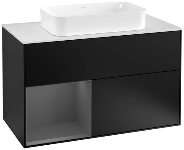 V&B Waschtisch-Unterschrank Wandbeleuchtung Finion 100cm, Abdeckplatte white matt, Regal links Anthracite matt, Black matt lacquer