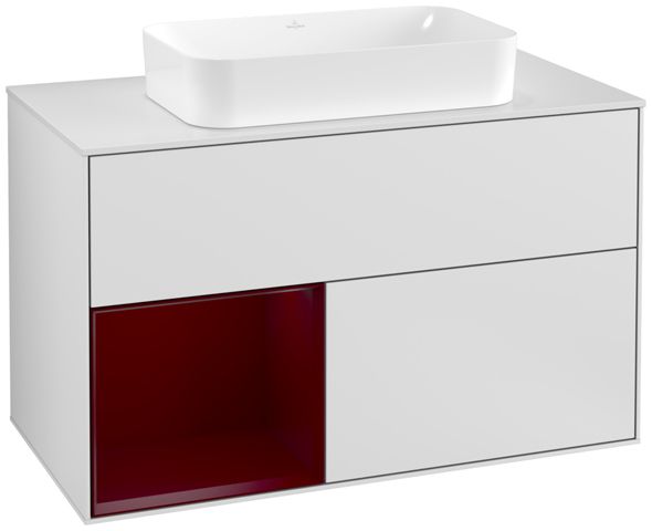 V&B Waschtisch-Unterschrank Wandbeleuchtung Finion 100cm, Abdeckplatte white matt, Regal links Peony, White matt lacquer