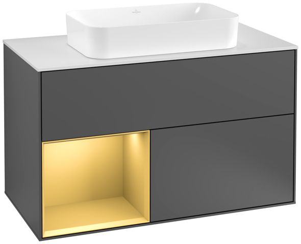 V&B Waschtisch-Unterschrank Wandbeleuchtung Finion 100cm, Abdeckplatte white matt, Regal links Gold matt, Anthracite matt