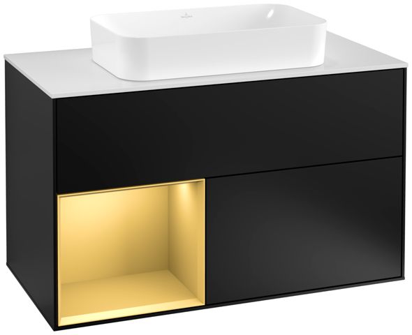 V&B Waschtisch-Unterschrank Wandbeleuchtung Finion 100cm, Abdeckplatte white matt, Regal links Gold matt, Black matt lacquer