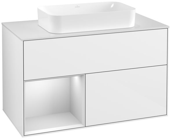 V&B Waschtisch-Unterschrank Wandbeleuchtung Finion 100cm, Abdeckplatte white matt, Regal links White matt lacquer, Glossy white lacquer