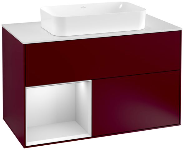V&B Waschtisch-Unterschrank Wandbeleuchtung Finion 100cm, Abdeckplatte white matt, Regal links White matt lacquer, Peony Matt
