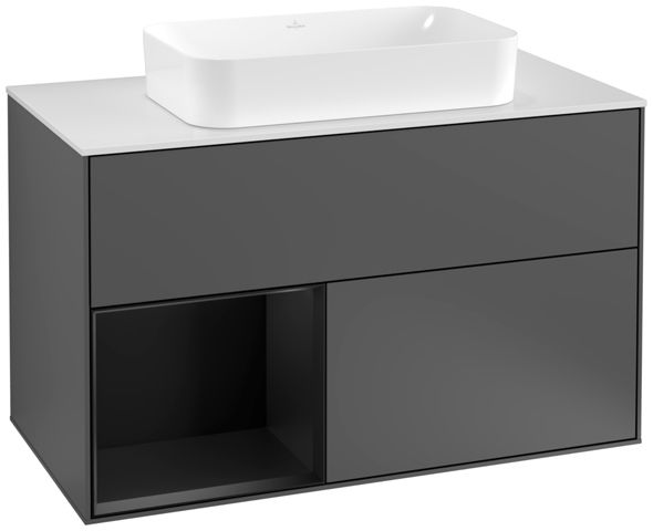 V&B Waschtisch-Unterschrank Wandbeleuchtung Finion 100cm, Abdeckplatte white matt, Regal links Black matt lacquer, Anthracite matt