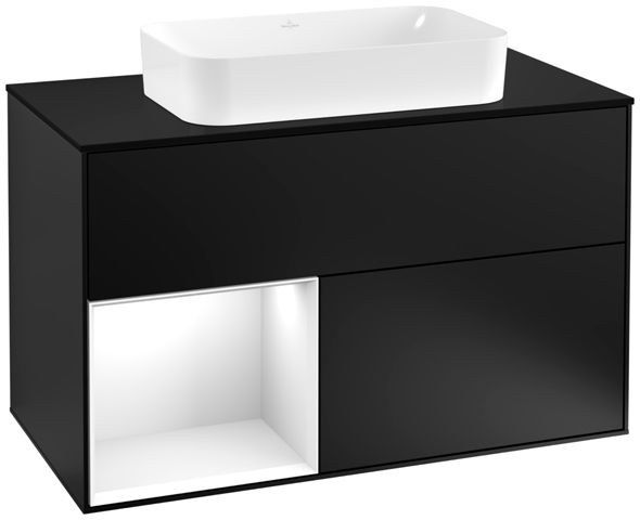 V&B Waschtisch-Unterschrank Wandbeleuchtung Finion 100cm, Abdeckplatte black matt, Regal links Glossy white lacquer, Black matt lacquer