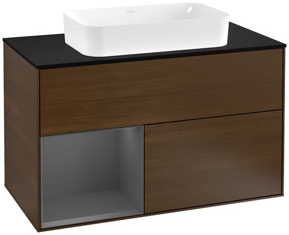V&B Waschtisch-Unterschrank Wandbeleuchtung Finion 100cm, Abdeckplatte black matt, Regal links Anthracite matt, Walnut veneer