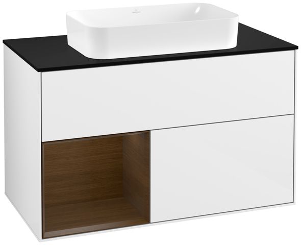 V&B Waschtisch-Unterschrank Wandbeleuchtung Finion 100cm, Abdeckplatte black matt, Regal links Walnut veneer, Glossy white lacquer