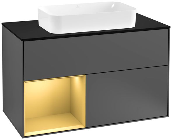 V&B Waschtisch-Unterschrank Wandbeleuchtung Finion 100cm, Abdeckplatte black matt, Regal links Gold matt, Anthracite matt