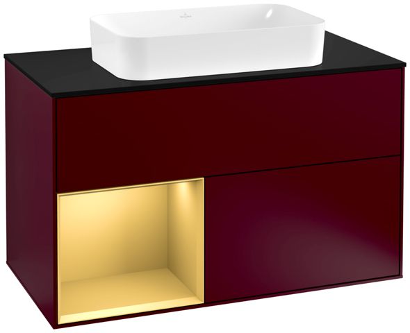 V&B Waschtisch-Unterschrank Wandbeleuchtung Finion 100cm, Abdeckplatte black matt, Regal links Gold matt, Peony Matt