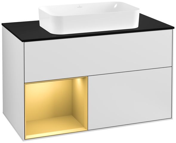 V&B Waschtisch-Unterschrank Wandbeleuchtung Finion 100cm, Abdeckplatte black matt, Regal links Gold matt, White matt lacquer