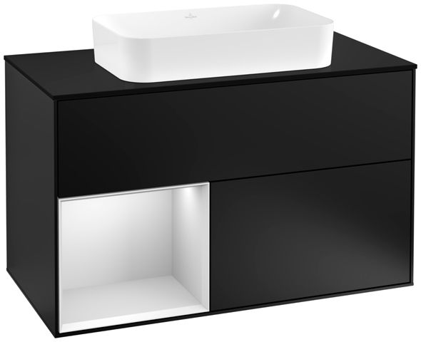 V&B Waschtisch-Unterschrank Wandbeleuchtung Finion 100cm, Abdeckplatte black matt, Regal links White matt lacquer, Black matt lacquer