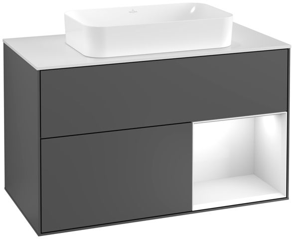 V&B Waschtisch-Unterschrank Wandbeleuchtung Finion 100cm, Abdeckplatte white matt, Regal rechts Glossy white lacquer, Anthracite matt