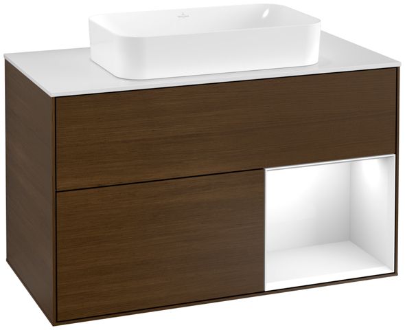 V&B Waschtisch-Unterschrank Wandbeleuchtung Finion 100cm, Abdeckplatte white matt, Regal rechts Glossy white lacquer, Walnut veneer