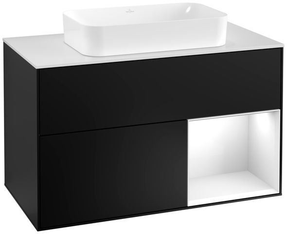V&B Waschtisch-Unterschrank Wandbeleuchtung Finion 100cm, Abdeckplatte white matt, Regal rechts Glossy white lacquer, Black matt lacquer