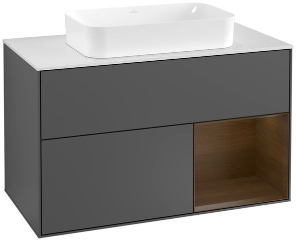 V&B Waschtisch-Unterschrank Wandbeleuchtung Finion 100cm, Abdeckplatte white matt, Regal rechts Walnut veneer, Anthracite matt