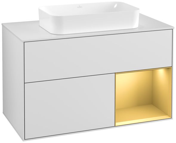 V&B Waschtisch-Unterschrank Wandbeleuchtung Finion 100cm, Abdeckplatte white matt, Regal rechts Gold matt, White matt lacquer