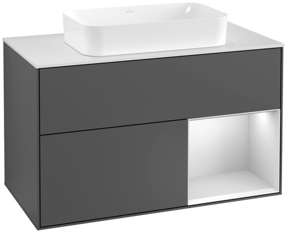 V&B Waschtisch-Unterschrank Wandbeleuchtung Finion 100cm, Abdeckplatte white matt, Regal rechts White matt lacquer, Anthracite matt