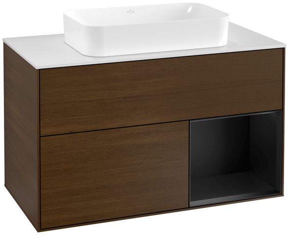 V&B Waschtisch-Unterschrank Wandbeleuchtung Finion 100cm, Abdeckplatte white matt, Regal rechts Black matt lacquer, Walnut veneer