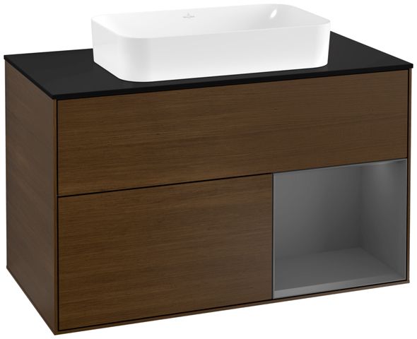 V&B Waschtisch-Unterschrank Wandbeleuchtung Finion 100cm, Abdeckplatte black matt, Regal rechts Anthracite matt, Walnut veneer