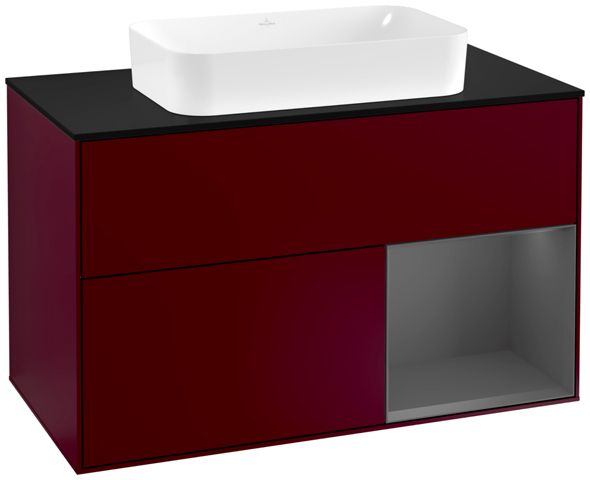 V&B Waschtisch-Unterschrank Wandbeleuchtung Finion 100cm, Abdeckplatte black matt, Regal rechts Anthracite matt, Peony Matt