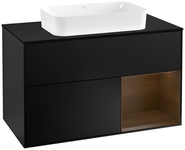 V&B Waschtisch-Unterschrank Wandbeleuchtung Finion 100cm, Abdeckplatte black matt, Regal rechts Walnut veneer, Black matt lacquer