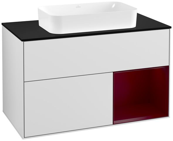 V&B Waschtisch-Unterschrank Wandbeleuchtung Finion 100cm, Abdeckplatte black matt, Regal rechts Peony, White matt lacquer