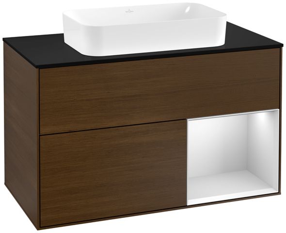 V&B Waschtisch-Unterschrank Wandbeleuchtung Finion 100cm, Abdeckplatte black matt, Regal rechts White matt lacquer, Walnut veneer
