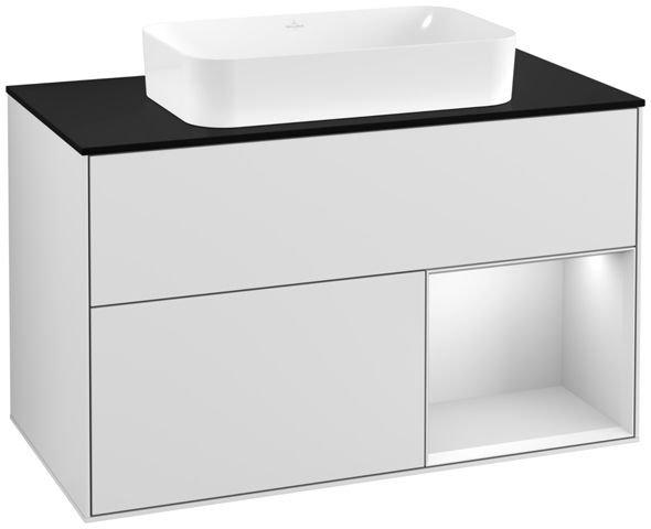 V&B Waschtisch-Unterschrank Wandbeleuchtung Finion 100cm, Abdeckplatte black matt, Regal rechts White matt lacquer, White matt lacquer