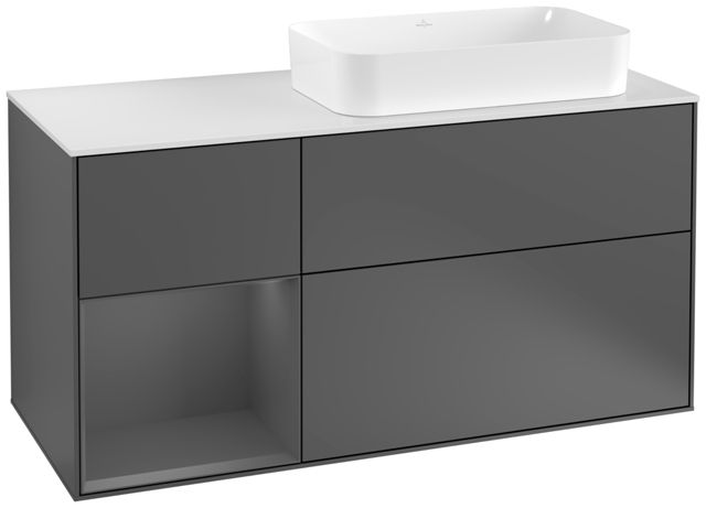 V&B Waschtisch-Unterschrank Wandbeleuchtung Finion 120cm, Abdeckplatte white matt, Regal links Anthracite matt, Anthracite matt