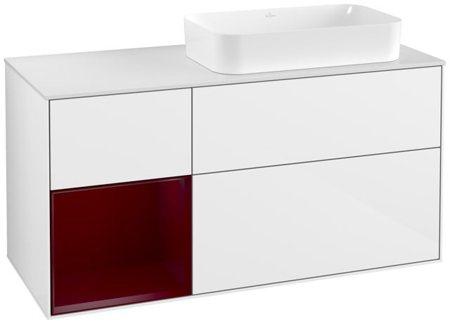 V&B Waschtisch-Unterschrank Wandbeleuchtung Finion 120cm, Abdeckplatte white matt, Regal links Peony, Glossy white lacquer