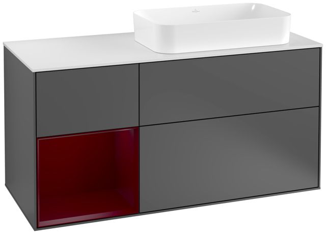 V&B Waschtisch-Unterschrank Wandbeleuchtung Finion 120cm, Abdeckplatte white matt, Regal links Peony, Anthracite matt