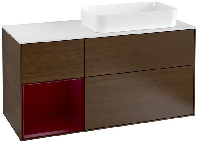 V&B Waschtisch-Unterschrank Wandbeleuchtung Finion 120cm, Abdeckplatte white matt, Regal links Peony, Walnut veneer