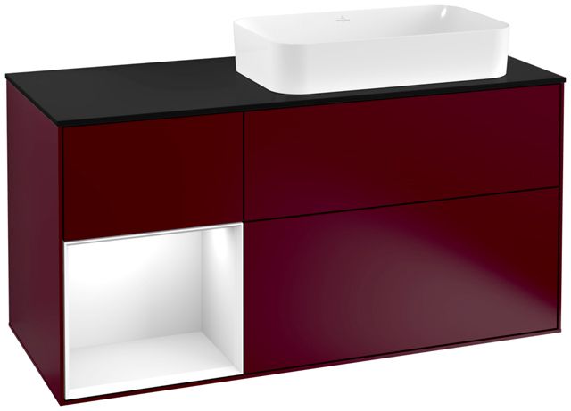 V&B Waschtisch-Unterschrank Wandbeleuchtung Finion 120cm, Abdeckplatte black matt, Regal links Glossy white lacquer, Peony Matt