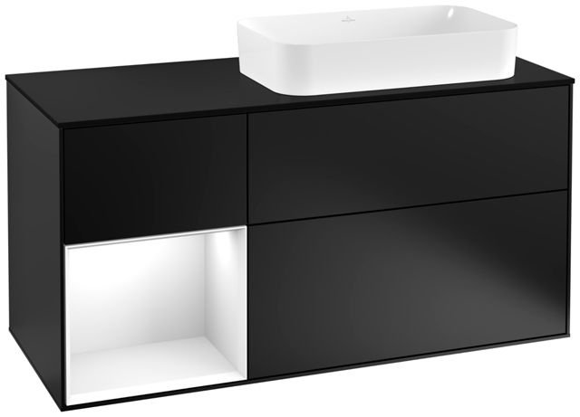 V&B Waschtisch-Unterschrank Wandbeleuchtung Finion 120cm, Abdeckplatte black matt, Regal links Glossy white lacquer, Black matt lacquer