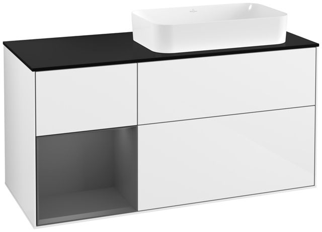 V&B Waschtisch-Unterschrank Wandbeleuchtung Finion 120cm, Abdeckplatte black matt, Regal links Anthracite matt, Glossy white lacquer