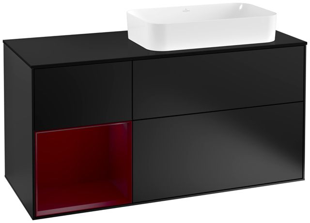 V&B Waschtisch-Unterschrank Wandbeleuchtung Finion 120cm, Abdeckplatte black matt, Regal links Peony, Black matt lacquer
