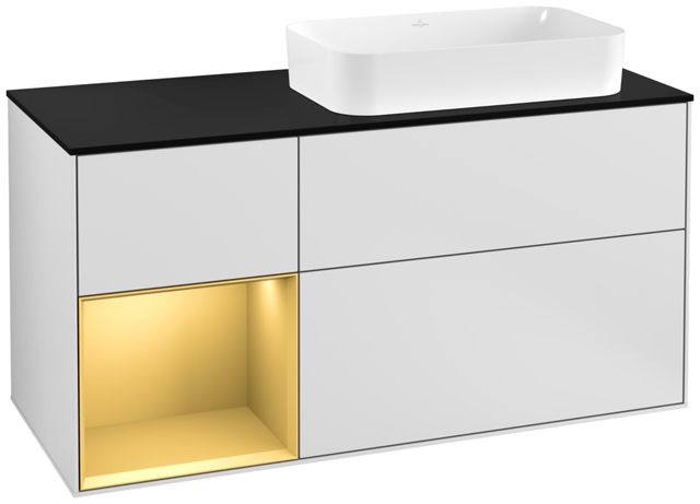V&B Waschtisch-Unterschrank Wandbeleuchtung Finion 120cm, Abdeckplatte black matt, Regal links Gold matt, White matt lacquer