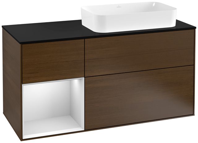 V&B Waschtisch-Unterschrank Wandbeleuchtung Finion 120cm, Abdeckplatte black matt, Regal links White matt lacquer, Walnut veneer