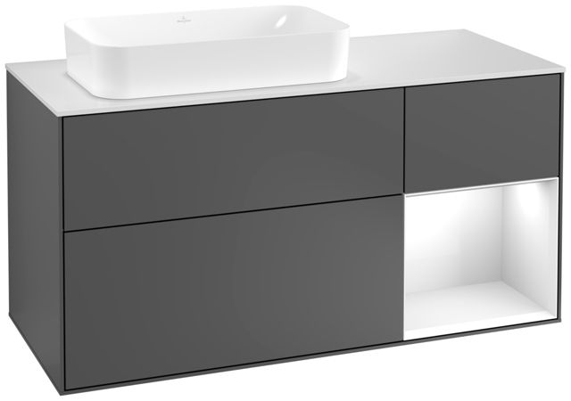 V&B Waschtisch-Unterschrank Wandbeleuchtung Finion 120cm, Abdeckplatte white matt, Regal rechts Glossy white lacquer, Anthracite matt