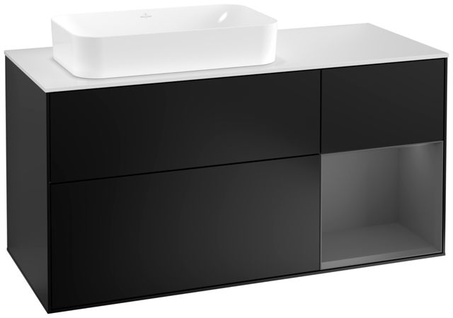 V&B Waschtisch-Unterschrank Wandbeleuchtung Finion 120cm, Abdeckplatte white matt, Regal rechts Anthracite matt, Black matt lacquer